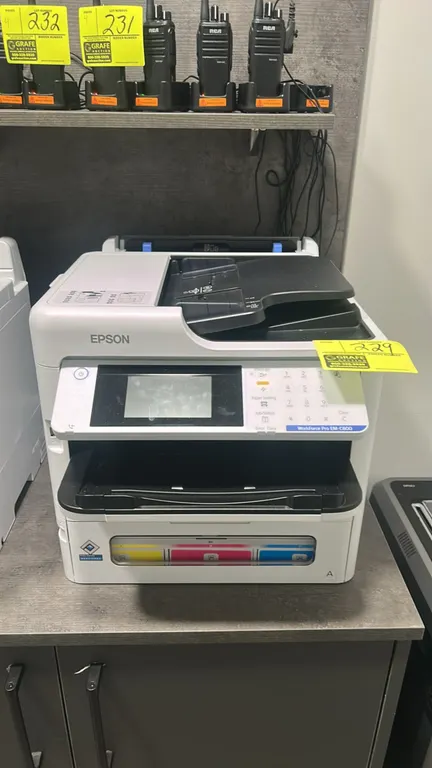 Epson WorkForce Pro EM-C800 color multifunction workgroup printer. Features automatic document feeder, color touchscreen display with numeric keypad,