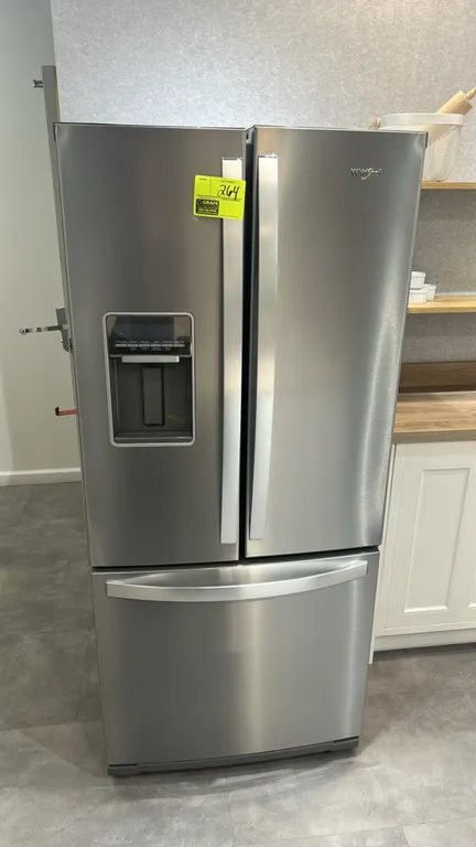 2022 Whirlpool WRF560SEHZ02 3-door French door refrigerator with bottom freezer. Features stainless steel finish, exterior dispenser, interior glass s
