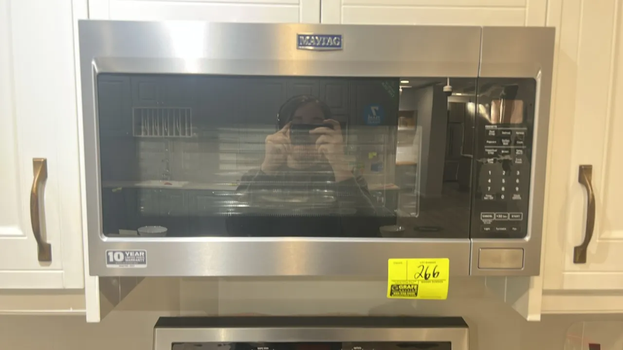 2021 Maytag MMV4207JZ00 over-the-range microwave oven. Features stainless steel finish and interior cavity, glass turntable, upper browning element, a
