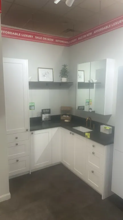 Wren Infinity Plus laminate bathroom vanity cabinets. Features solid surface countertop with undermount sink, brass-tone faucet, tall cabinet with dra
