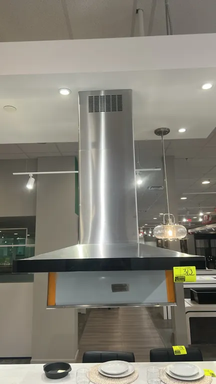 JennAir JXI8536HS1 36" pyramid-style island-mount canopy range hood. Features stainless steel construction, chimney flue, mesh grease filters, and int