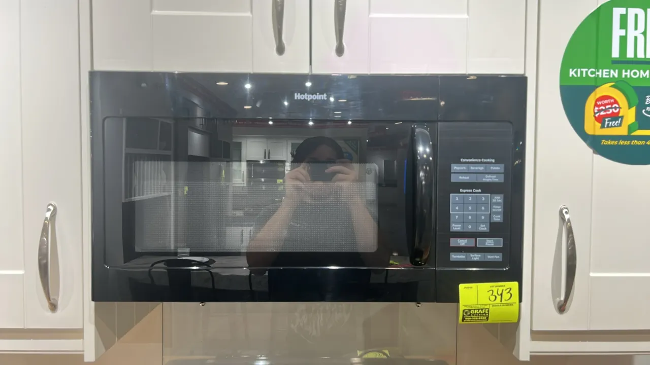 2022 Hotpoint RVM5160DH8BB over-the-range microwave oven. Features digital touch controls, glass turntable, convenience cooking presets, cooktop surfa