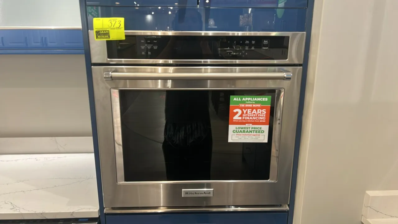 KitchenAid KOSE500ESS05 electric built-in single wall oven. Features stainless steel finish, digital touch controls with Easy Convect settings, blue p