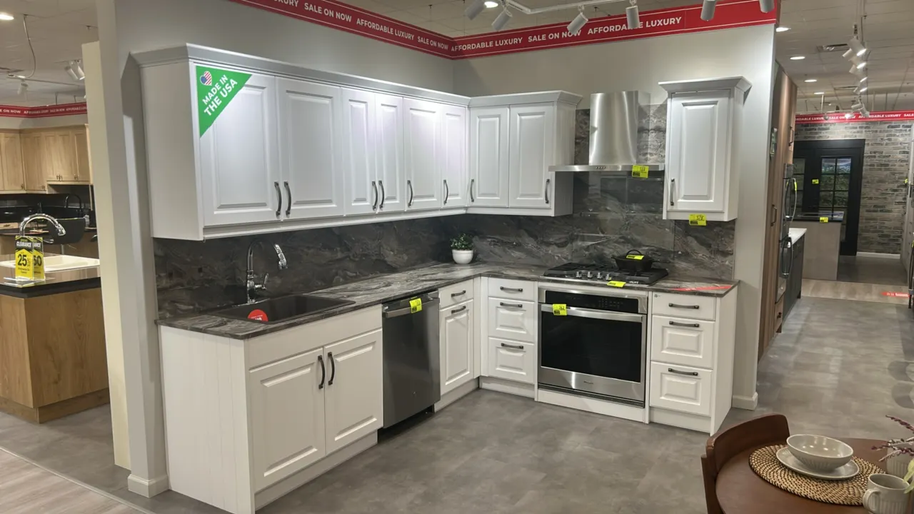 Infinity Plus laminate kitchen cabinets with laminate countertops, Blanco sink, and faucet. Features white raised panel cabinet doors, upper and lower
