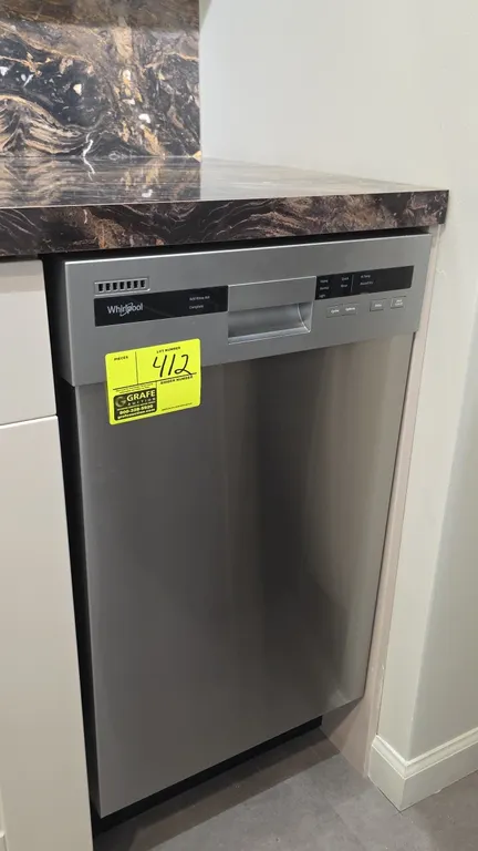 Whirlpool WDF518SAHM dishwasher. Features stainless steel finish, stainless steel interior tub, 2-tier wire racks, silverware basket, and front electr