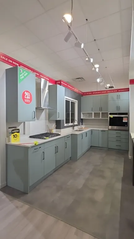 Infinity Plus kitchen cabinet suite. Includes 76" range wall upper and lower cabinets, 92" x 53" L-shape upper and lower cabinets with quartz countert