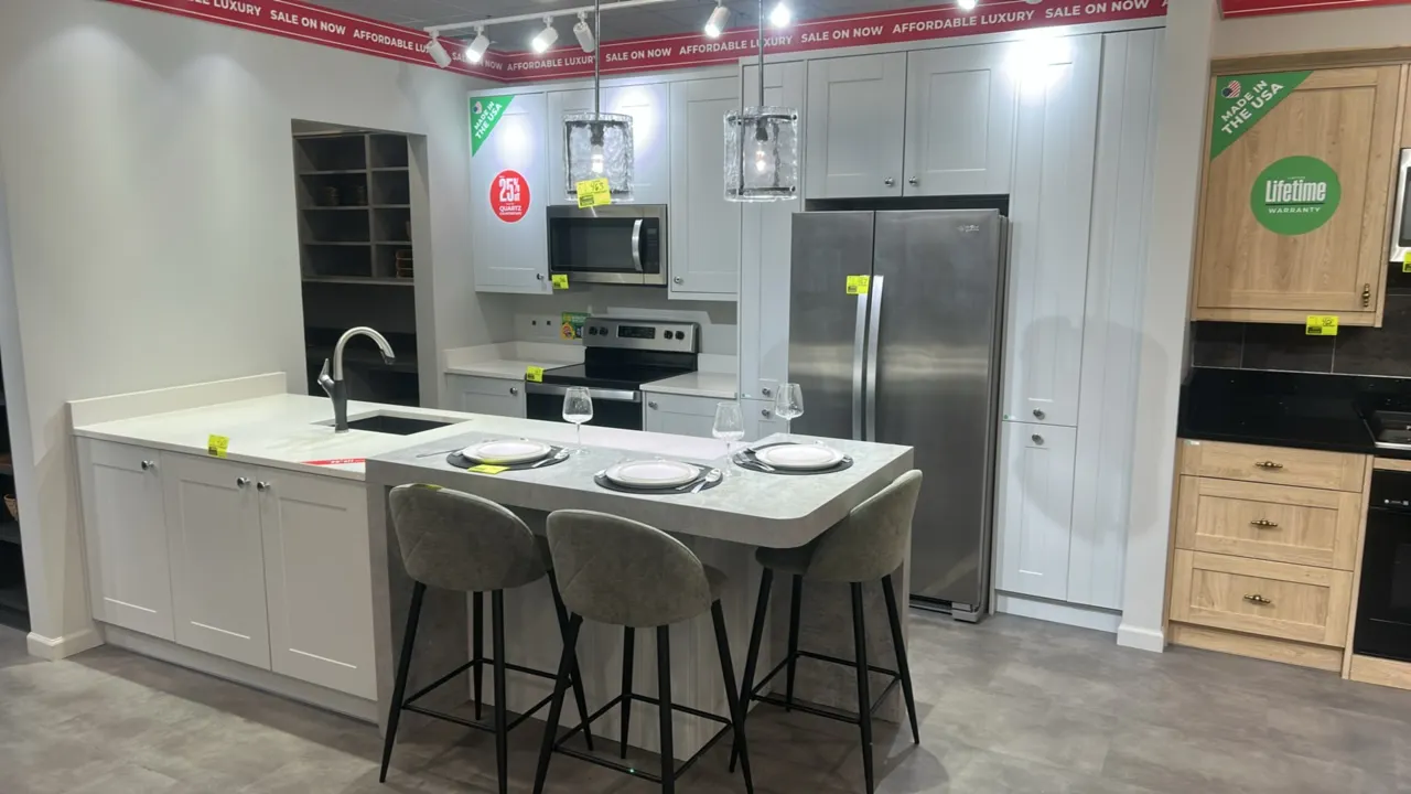 Infinity Plus kitchen island and cabinet set. Includes 123" x 40" island with laminate cabinets, laminate and quartz countertops, Blanco sink, and sta