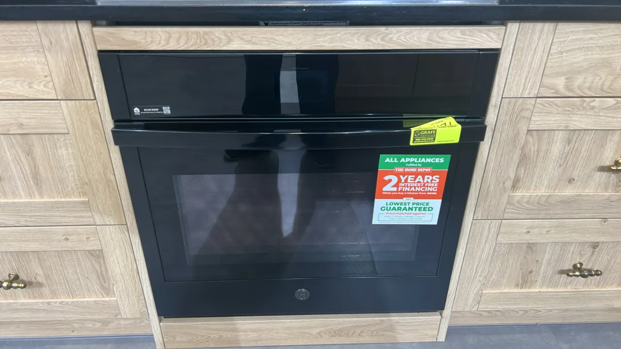 GE Appliances JTS5000DN1BB smart built-in convection single wall oven. Features self-clean mode, convection cooking, and (2) interior wire racks. 30"W