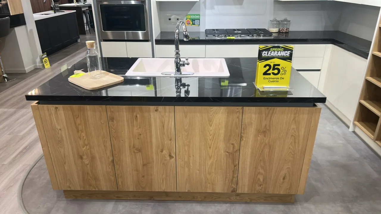 Infinity Plus kitchen cabinet set with island. Includes 77" x 41" island with laminate cabinets, laminate countertop, Blanco double-basin sink, and fa