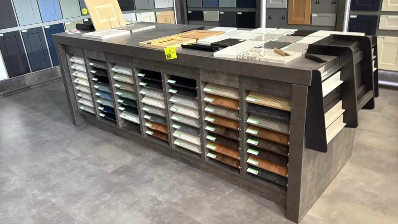 Laminate display island rack. Features double-sided multi-tier angled sample slots, countertop display surface, and side display racks. Includes assor