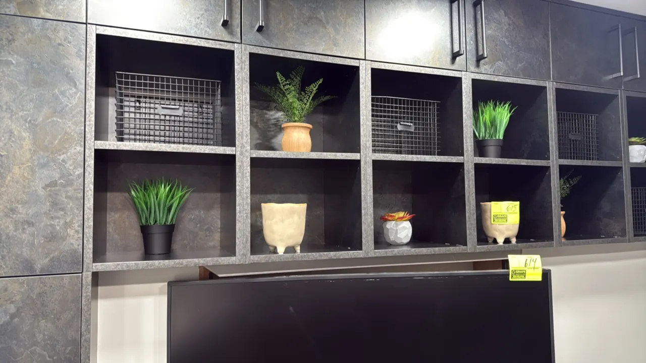 Assorted decorative smallwares. Includes faux potted plants, ceramic planters, and metal wire storage baskets. Note: Cabinetry, shelving unit, and tel