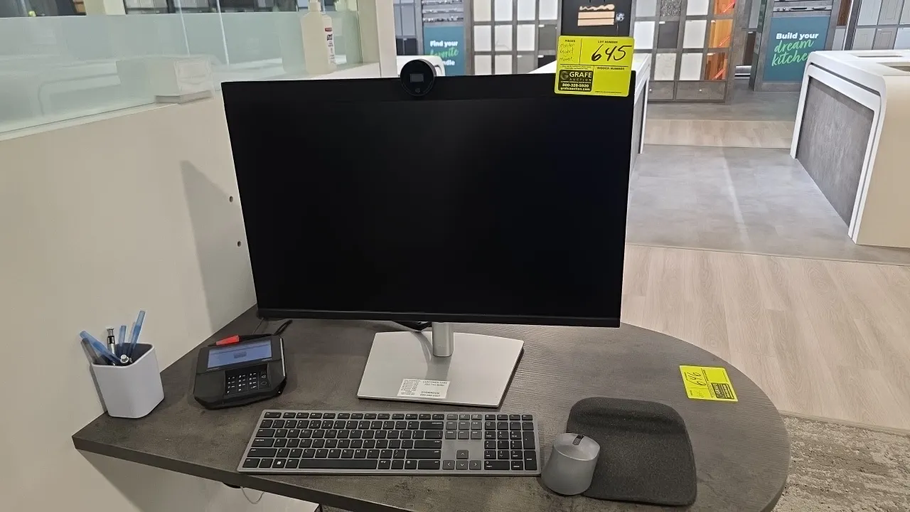 Dell P2724DEB flat panel monitor. Features integrated pop-up webcam. Includes wireless keyboard and mouse. S/N: CN-0VXXPM-WSL00-49K-2531-A05. Electric