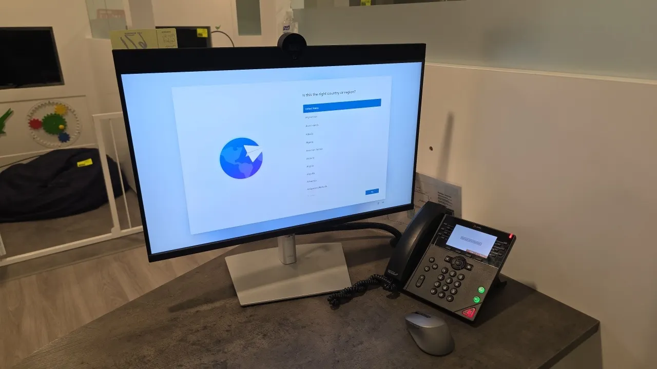 2024 Dell P2724DEB video conferencing monitor. Features integrated pop-up webcam and adjustable stand. Includes wireless mouse. S/N: CN-0VXXPM-WSL00-4