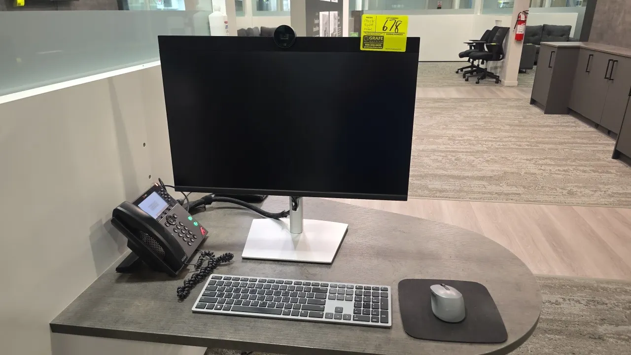 Dell P2724DEB monitor. Features integrated pop-up webcam and adjustable stand. Includes wireless keyboard and mouse. S/N: CN-0VXXPN-WSL00-48K-2621-A05