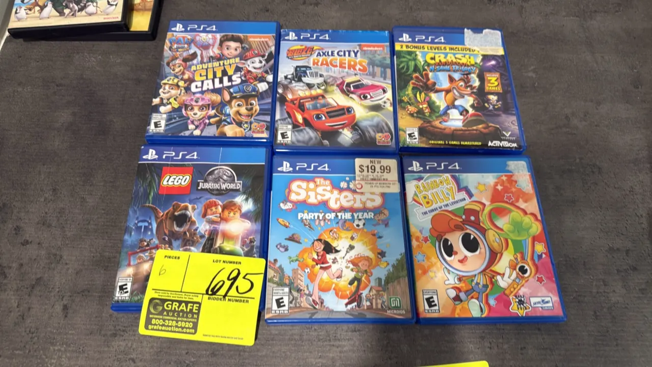 PlayStation 4 video games. Titles include Crash Bandicoot N. Sane Trilogy, LEGO Jurassic World, PAW Patrol: Adventure City Calls, Blaze and the Monste