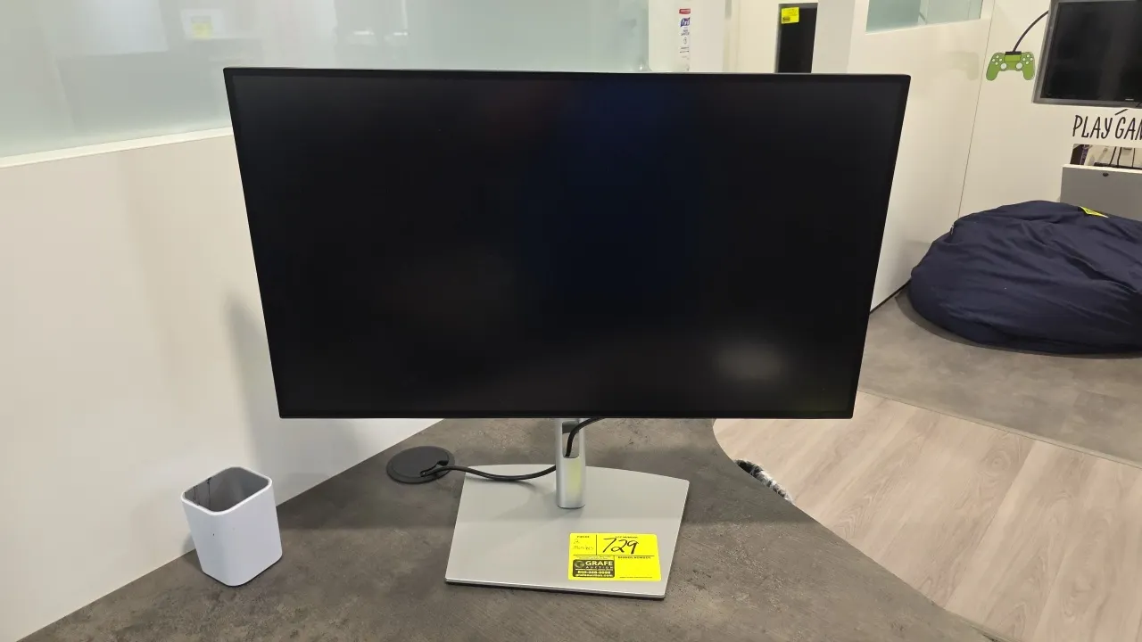 2023 Dell U2723QE 27" flat panel monitors. Features HDMI, DisplayPort, and USB-C connectivity. Mounted on adjustable desktop stands. Electrical: 100-2
