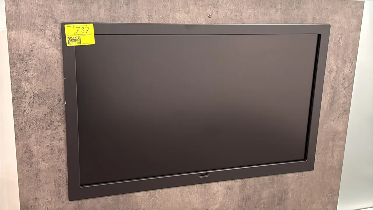 Samsung 50" flat screen color display monitor. Features a black frame surround. Wall panel not included.