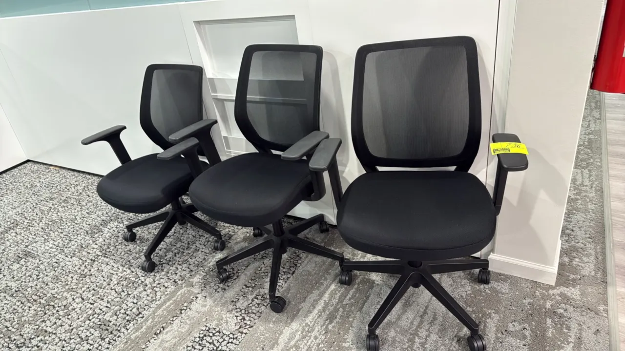 Mesh-back office chairs. Features black mesh backrest, upholstered fabric seat, armrests, and height adjustment. Mounted on a 5-star caster base.
