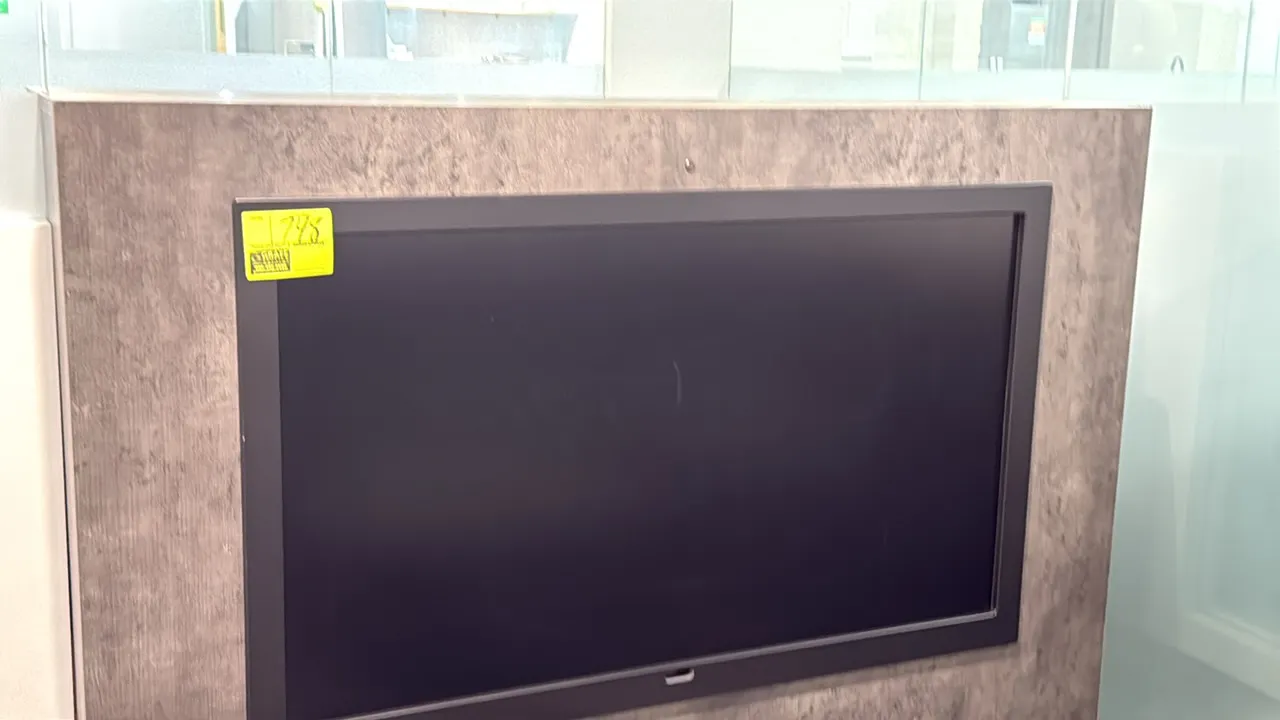 Samsung 50" flat screen color display monitor. Features a black bezel. Note: Wall panel surround and mounting structure not included.