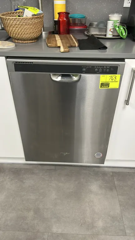 Whirlpool WDF520PADM9 built-in dishwasher. Features stainless steel exterior finish, electronic front controls, two wire dish racks, and in-door silve