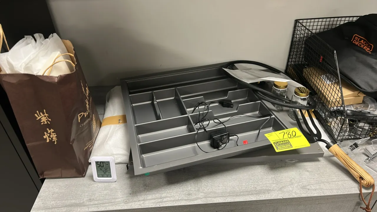 Assorted power tools, hardware, organizers, and contents. Includes Black+Decker 20V cordless drill with battery, Warrior 12V cordless tool, multi-draw