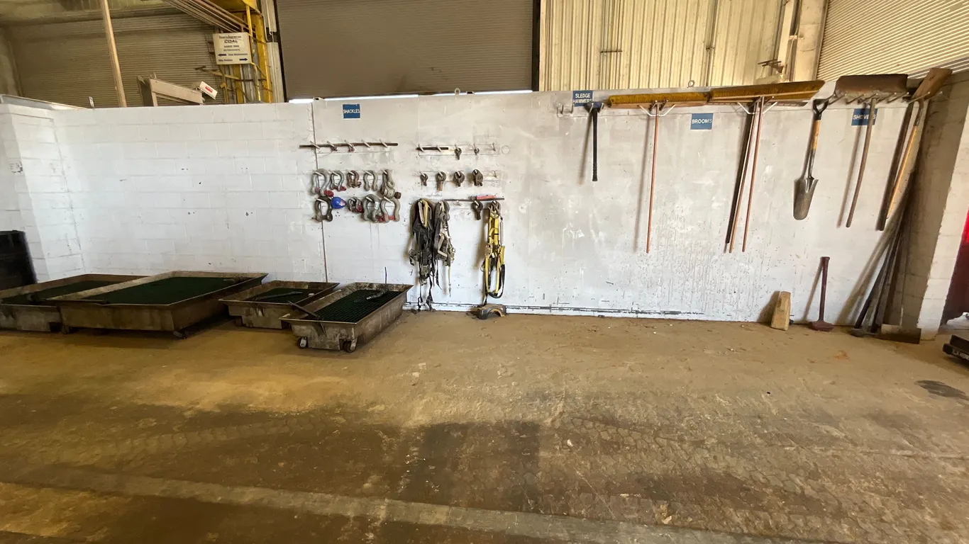 QTY OF 4 OIL DRAIN CARTS, CROSBY SHACKLES, FALL PROTECTION, EYE HOOKS, AND SHOVELS