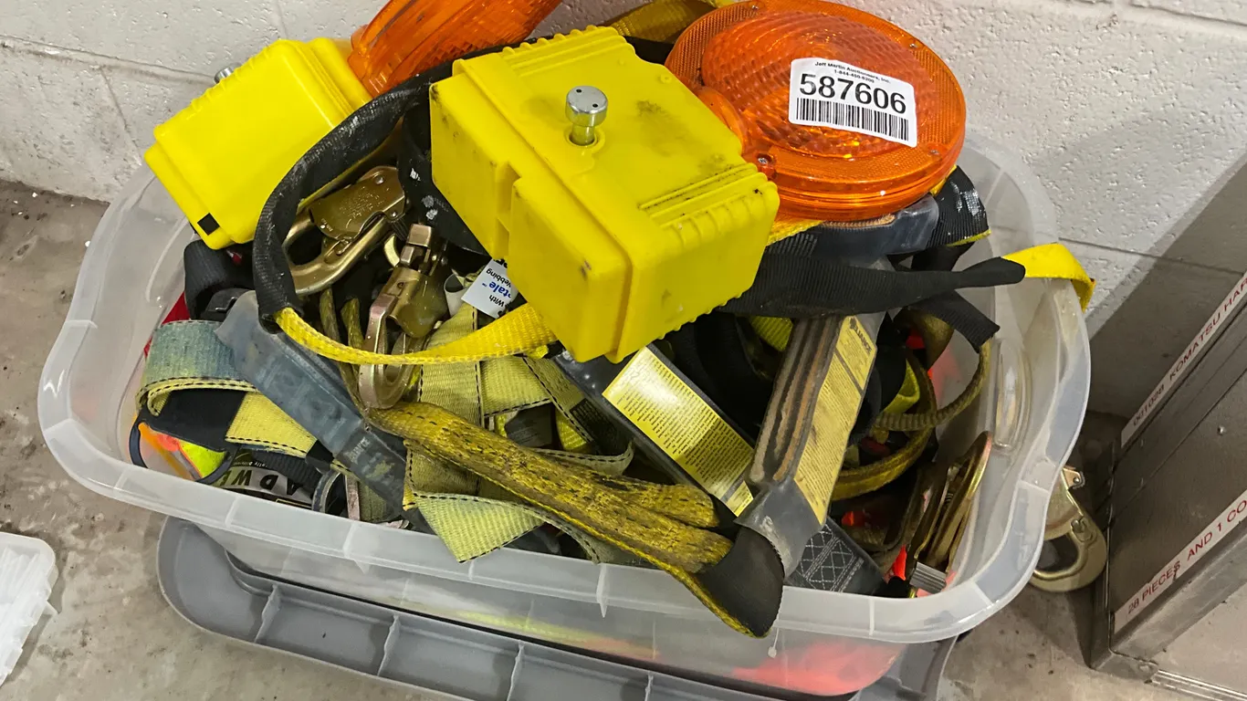 CONTAINER OF FALL SAFETY HARNESSES, ORANGE CAUTION LIGHTS, WORK LIGHT