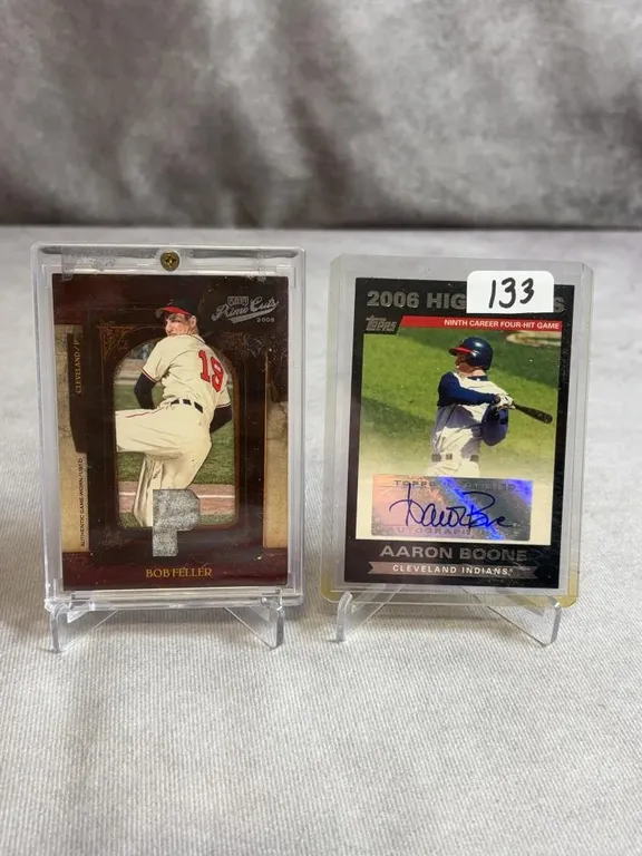 2007 Topps Aaron Boone Auto & 2008 Donruss Prime Cuts Bob Feller Patch #41/49