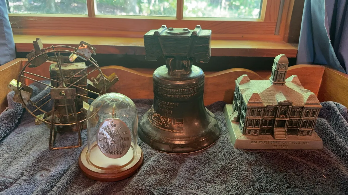 Liberty Bell Bourbon Whiskey Bottle, Holmes County Court House Bank and other misc.