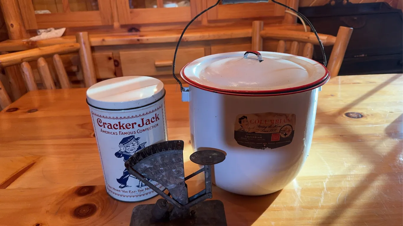 Egg Scale, Cracker Jack America�s Famous Confection and a Columbian Steel Ware Pot