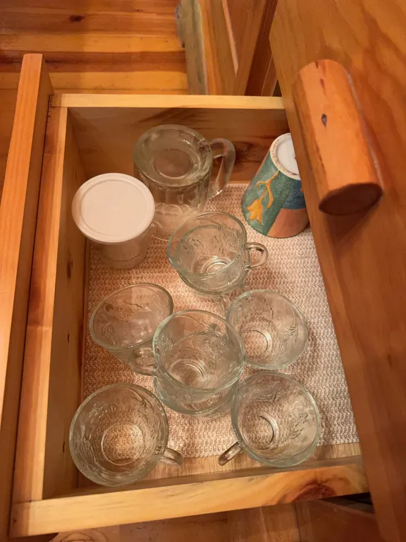 Glass Cups, Mugs, Bacon Press and other misc.