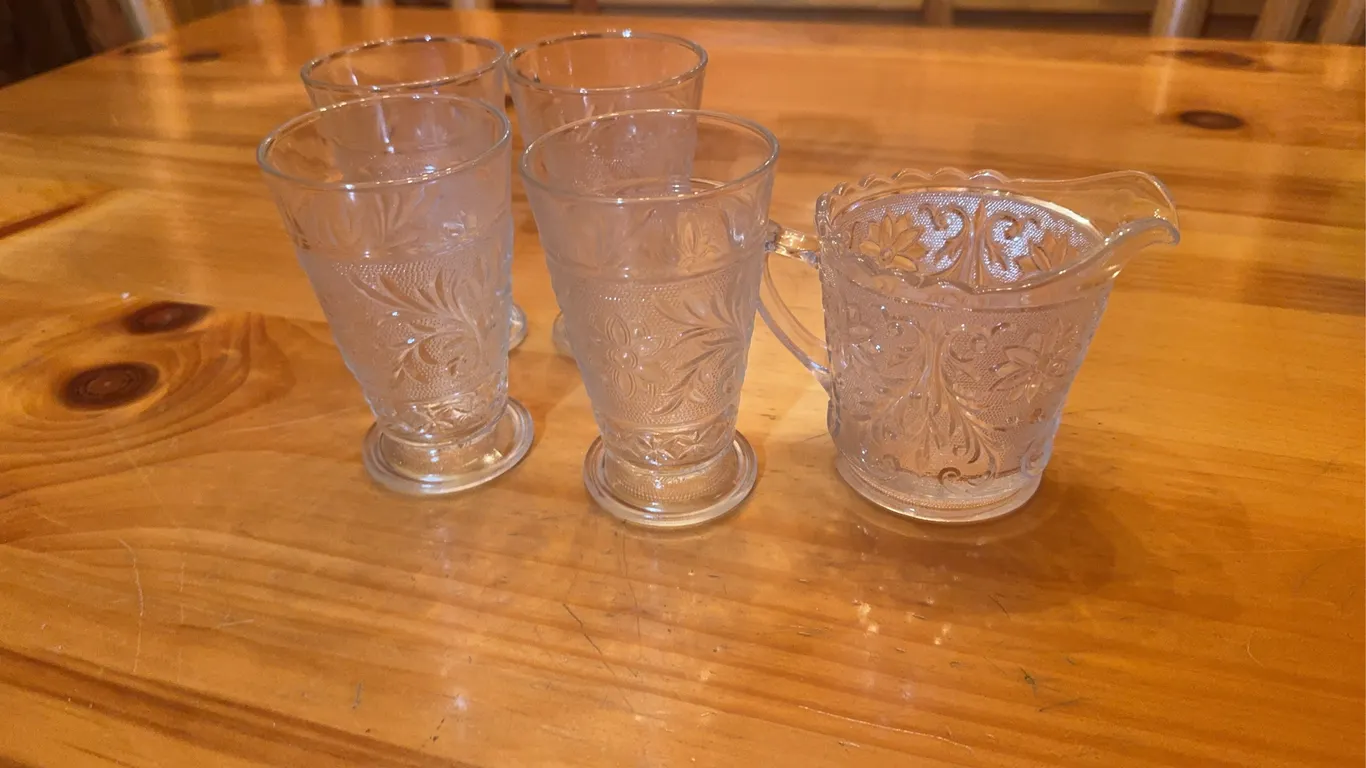 (4) Glass Cups and a Creamer