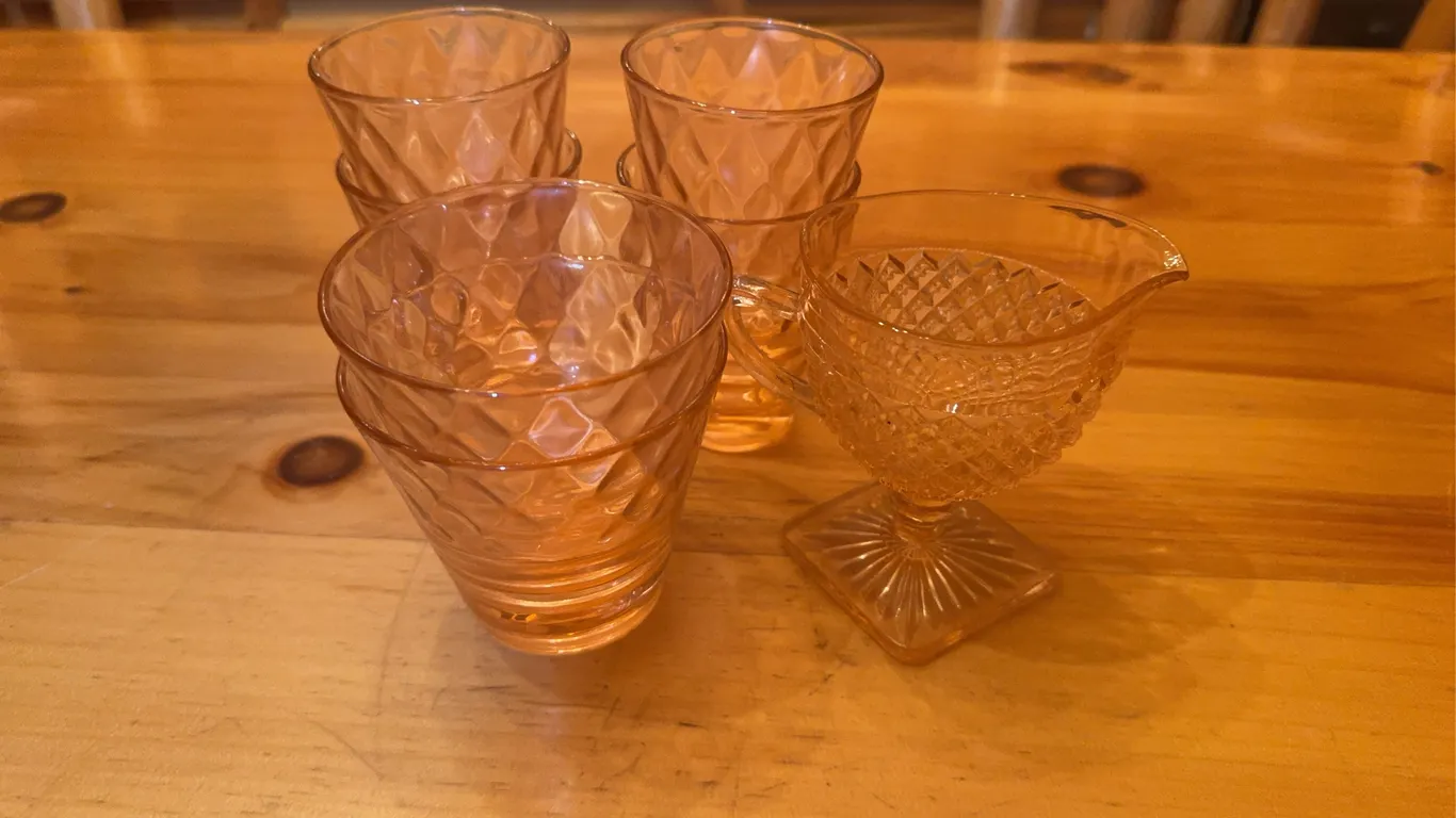 (6) Pink Glass Cups and a Pink Glass Creamer