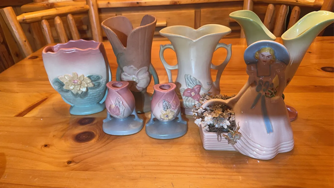 (4) Hull Art Pottery Vases and (2) Candle Stick Holders