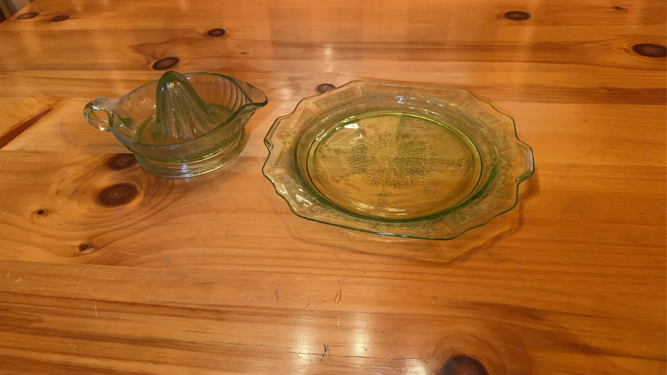 Green Depression Glass Plate and green Glass Juicer