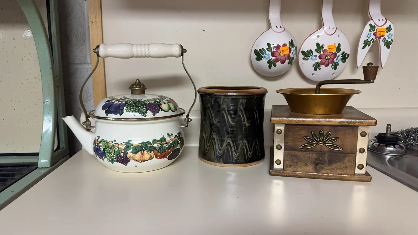 Coffee Grinder, Crock and a Tea Pot