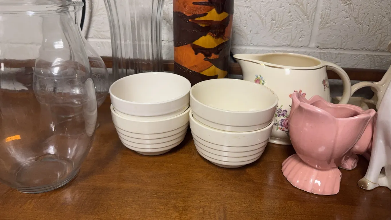 Glass Vases, Glass Bowls and Plates, Water Pitcher and other misc. Glass