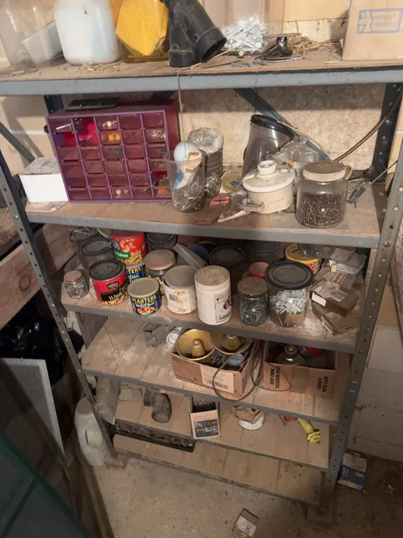 Metal Shelf w/ Nails, Bolts and other misc.