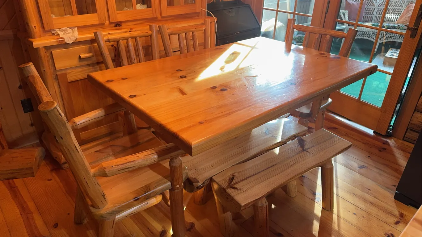 Wooden Table (5) Wooden Chairs and (2) Wooden Benches