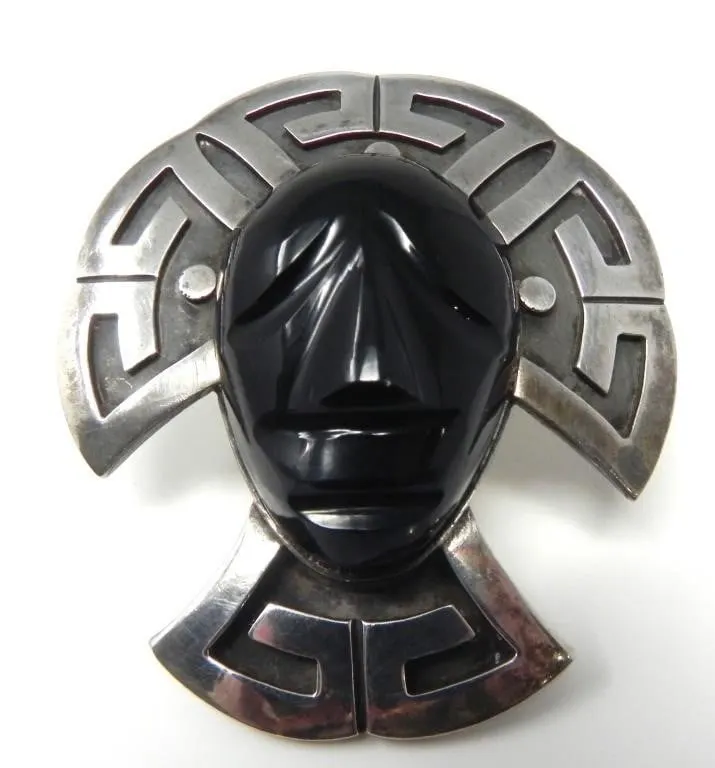MEXICO 925 SILVER CARVED STONE BROOCH 30.55g