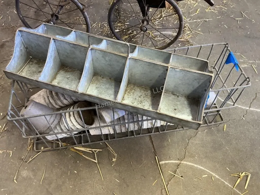 2 Items - Metal Bin & Wire Box of Planters