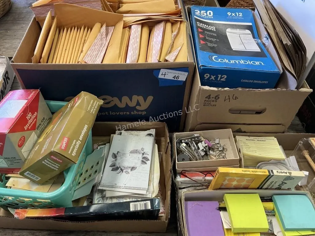 4 Boxes Shipping Mailers, Envelopes & Office Items