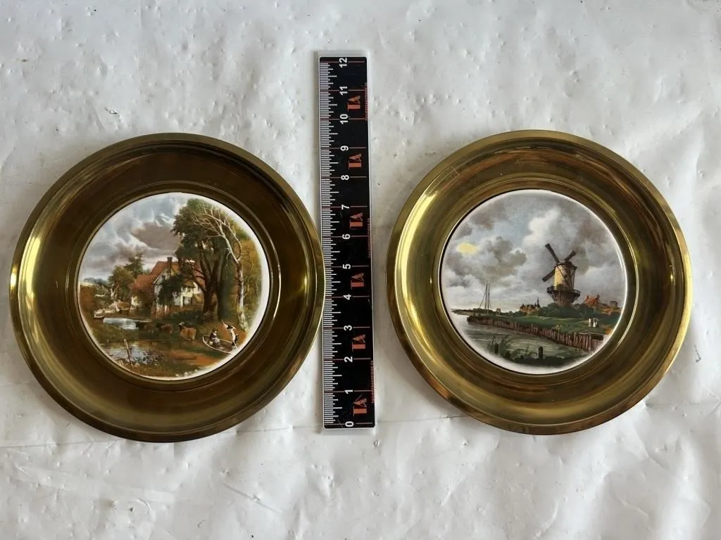 Pair of Brass-Framed Porcelain Scenic Plaques