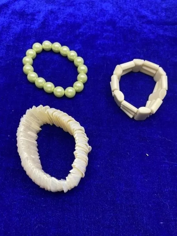 Three beaded stretch bracelets - pearl, bone,