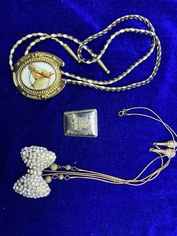 Bolo Tie, Rhinestone Bow Pendant & Metal Case Lot
