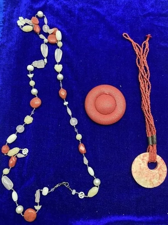 Coral & Hardstone Bead Necklace with Brooch &