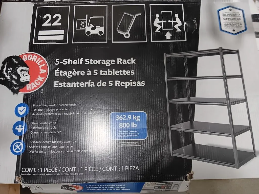 Five shelf storage rack.
(Two Shelves have
