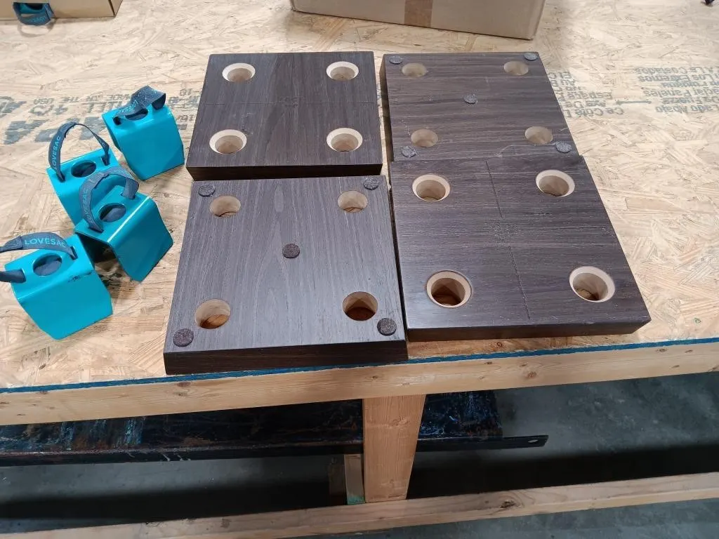 Wooden Base Shoe And Teal Connector Clamp For