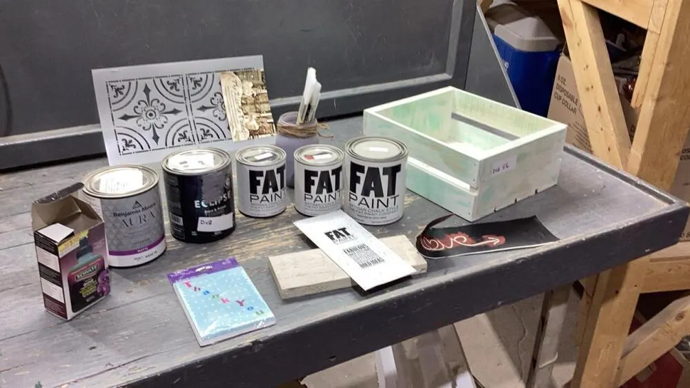 WOOD BOX W/ ARTISAN CHALK PAINT, STENCILS, WALL PAINT/PRIMER