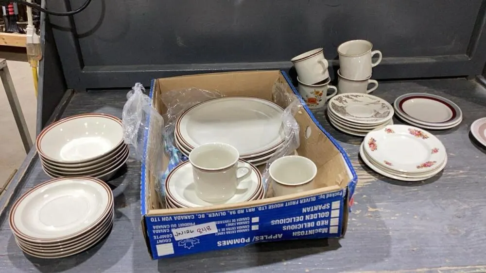 BOX W/ DISH SET “SUMMER GARDEN” AND MISC DISHES